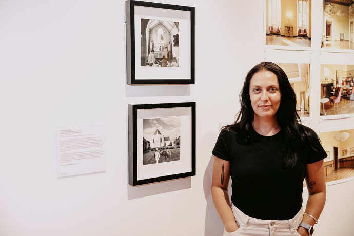 (Image: Hayley Millar Baker with her artworks during the Monash Prato Centre 20th Anniversary celebration held at Monash University in September 2021. Photo by James Thomas)
